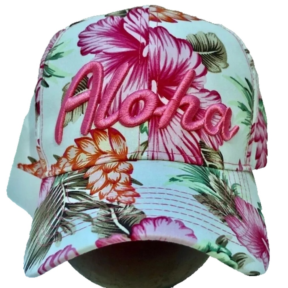 Women's Floral Embroidered ALOHA Hawaiian Baseball Hat With Adjustable Tab OSFM